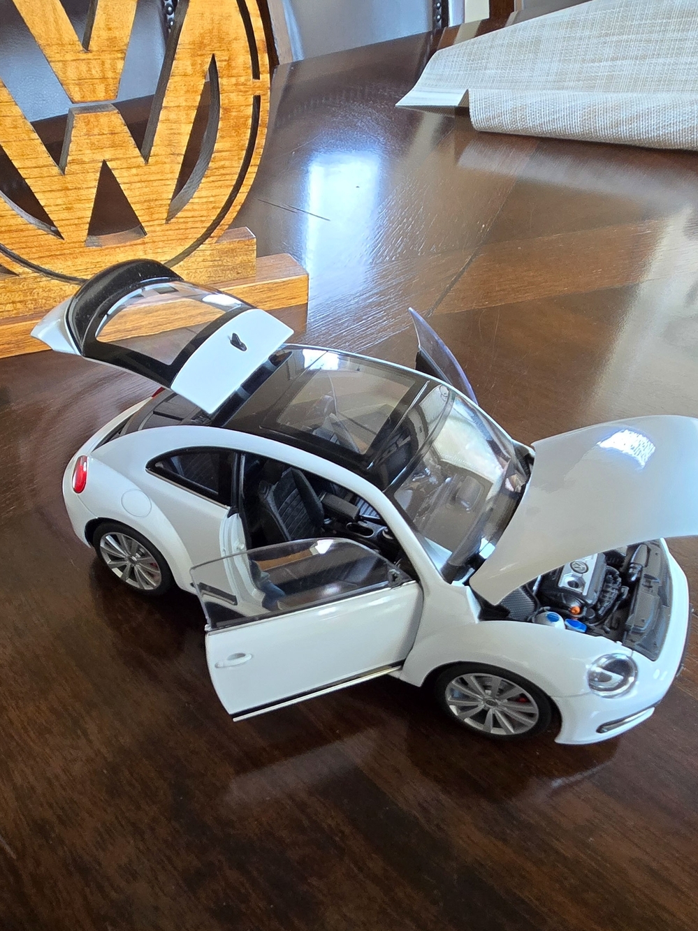 White Beetle Model Car with WOODEN VW Logo